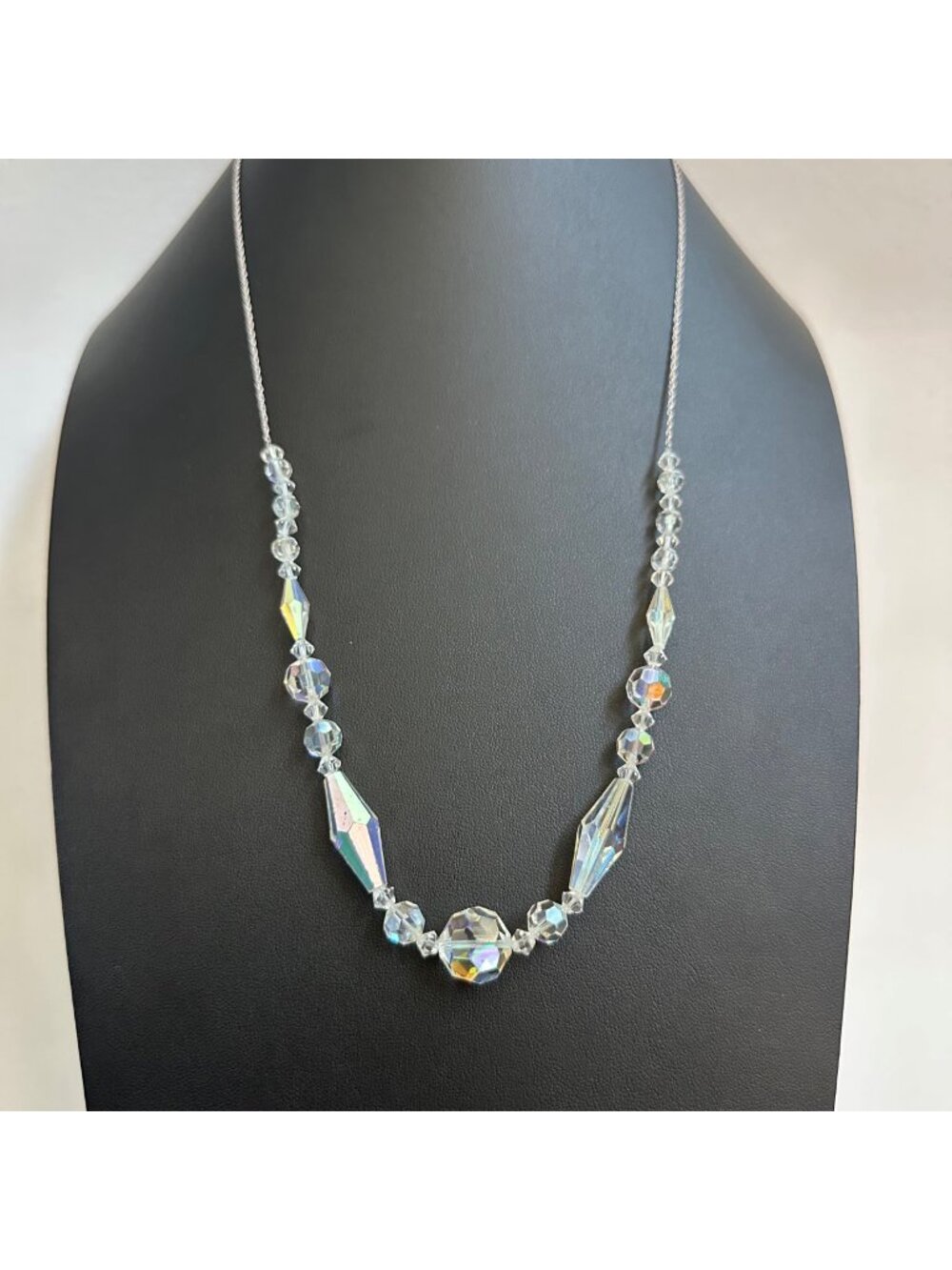 Vintage BA Ballou AB Coated Faceted Crystal Sterling Chain Necklace 26" Glam